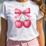 дамска бяла тениска с розови черешки с панделка