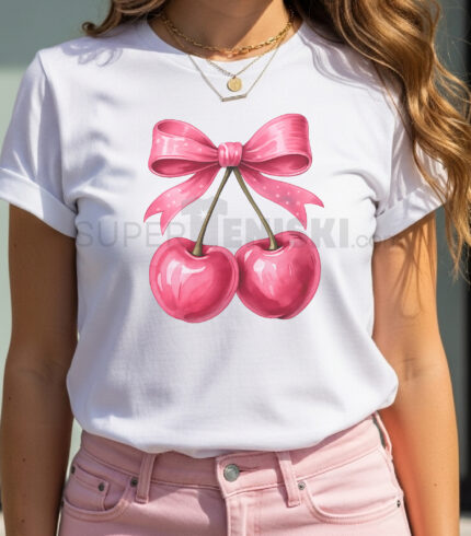 дамска бяла тениска с розови черешки с панделка