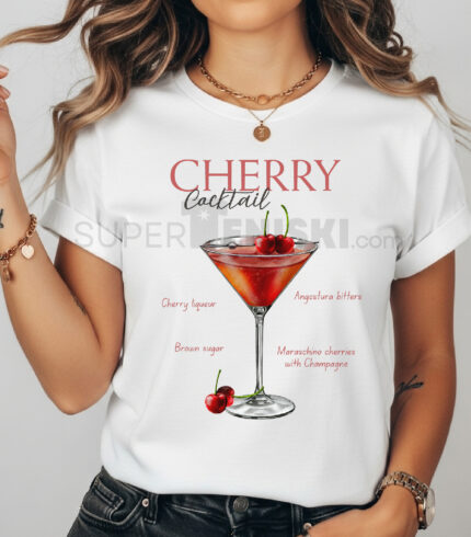 Дамска тениска с принт на коктейл с череши, надписи.