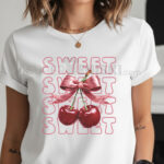 Дамска тениска с принт на две череши, вързани с розова блестяща панделка и надпис SWEET.