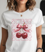 Дамска тениска с принт на две череши, вързани с розова блестяща панделка и надпис SWEET.