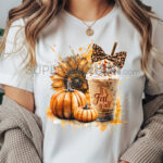 Дамска тениска с есенен принт: тикви, слънчогледи и чаша кафе с надпис It's Fall y'all.