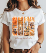 Бяла дамска тениска с акварелен принт, разделен на четири вертикални панела с горски животни в есенен пейзаж: лисица, елен, бяла сова и катерица. Надпис: "Fall is my favorite color".