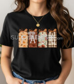 Дамска тениска с есенен принт, четири висящи табелки с буквите F A L L и различни есенни мотиви.