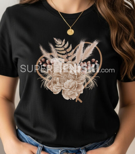 дамска черна тениска с цветя,пера в сърце